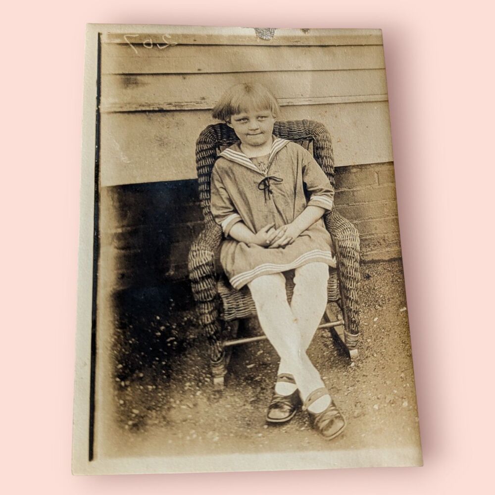 Concerned Young Girl Small Rocking Chair Outdoor Antique Photo Early 1900s